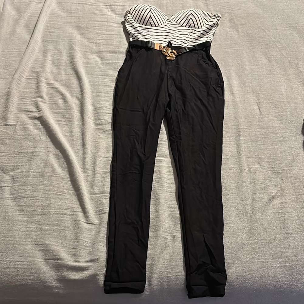 Striped Black Jumpsuit with Belt